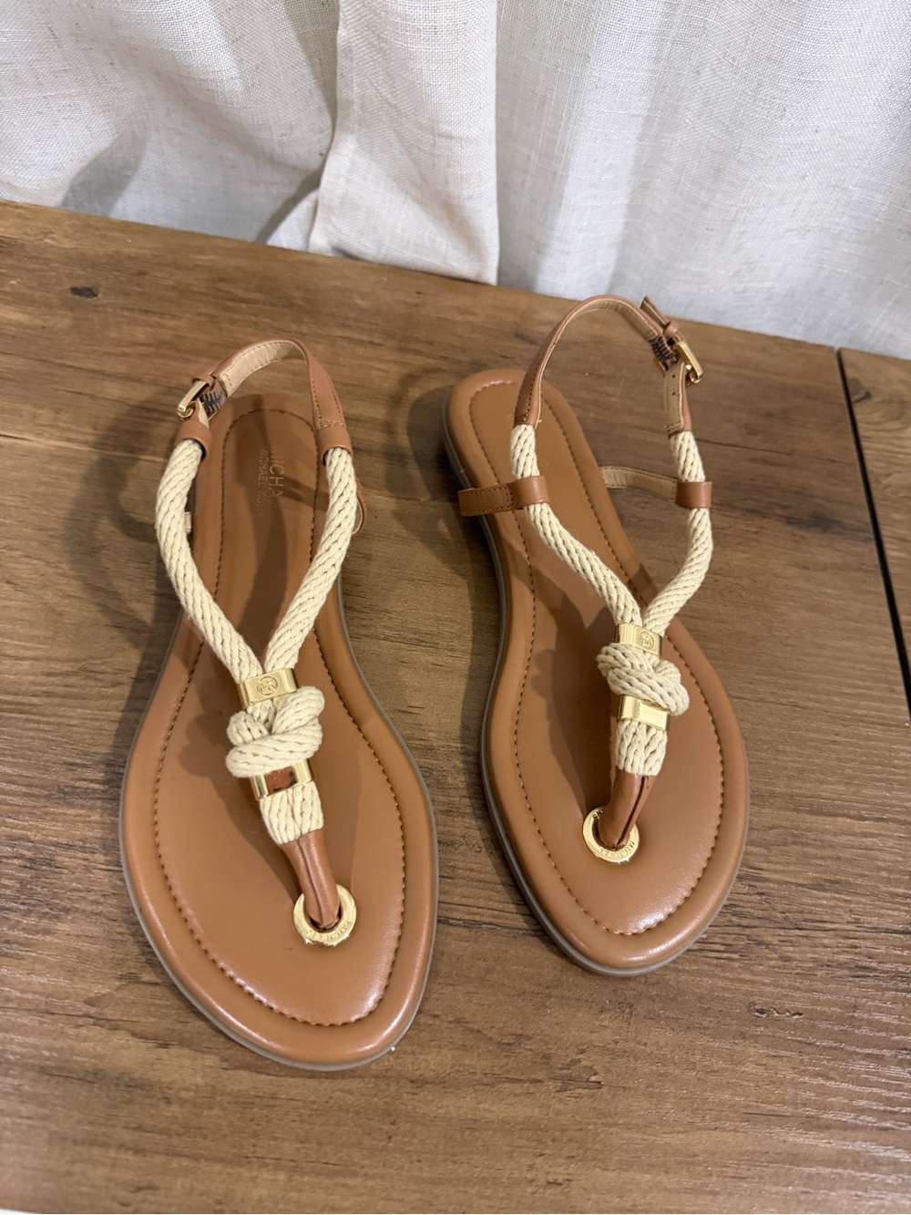 Michael Kors Women’s Tan Braided Rope T-Strap Sandals 7